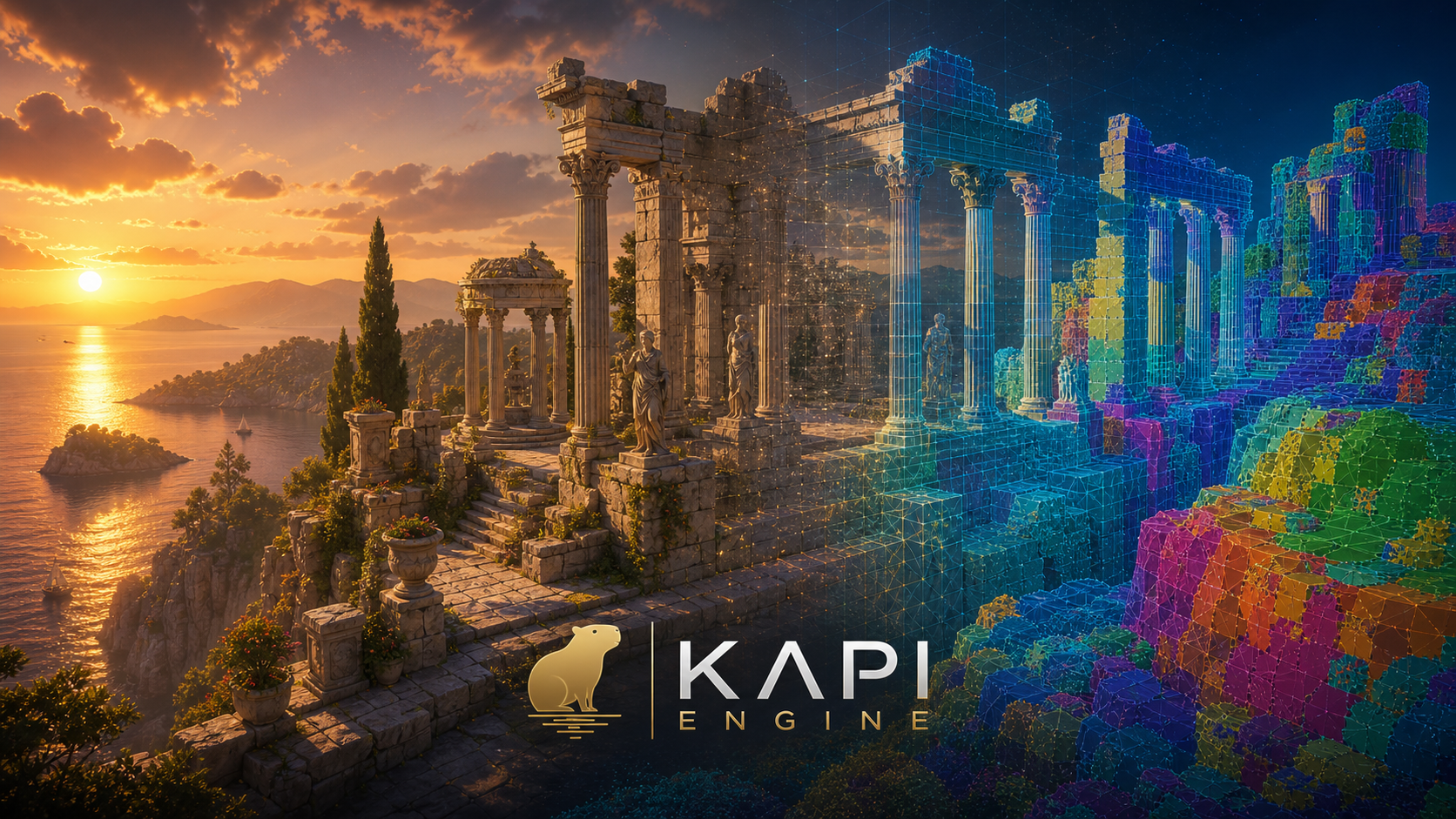 Kapi Engine real-time rendering scene with classical ruins and wireframe visualization.